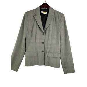 DKNY City Made In Italy Wool Blend Grey Plaid 3-Button Blazer Career‎ Office 10